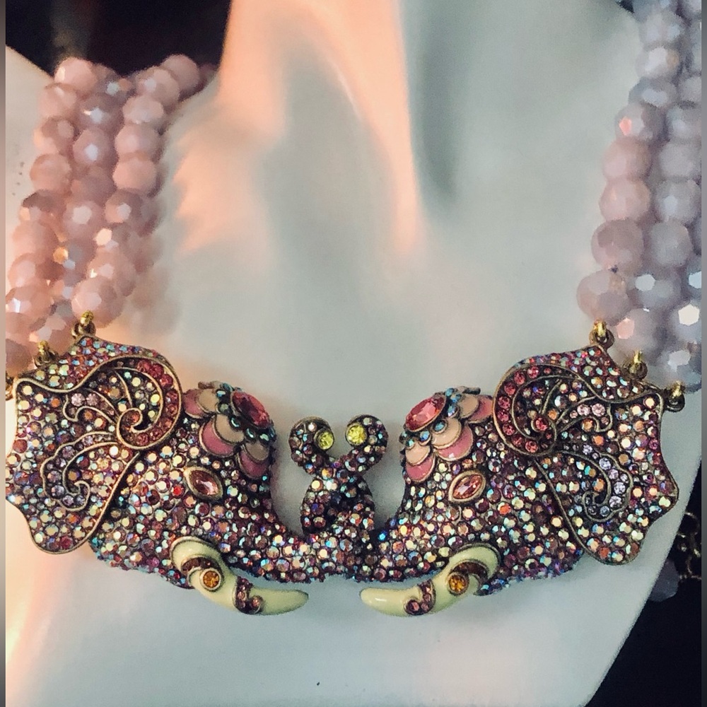 Heidi Daus Pink “Elephant Love” Beaded Elephant Swarovski Statement Necklace